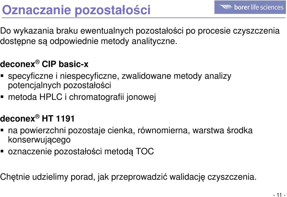 deconex CIP basic-x specyficzne i niespecyficzne, zwalidowane metody analizy potencjalnych pozostałości metoda HPLC i