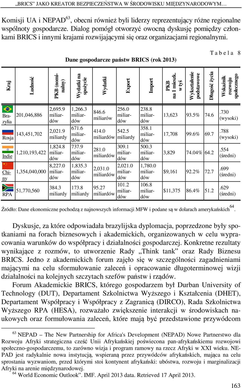 Dane gospodarcze państw BRICS (rok 2013) T a b e l a 8 Kraj Ludność PKB (nominalny) Wydatki na spożycie Wydatki Export Import PKB na 1 mieszk.