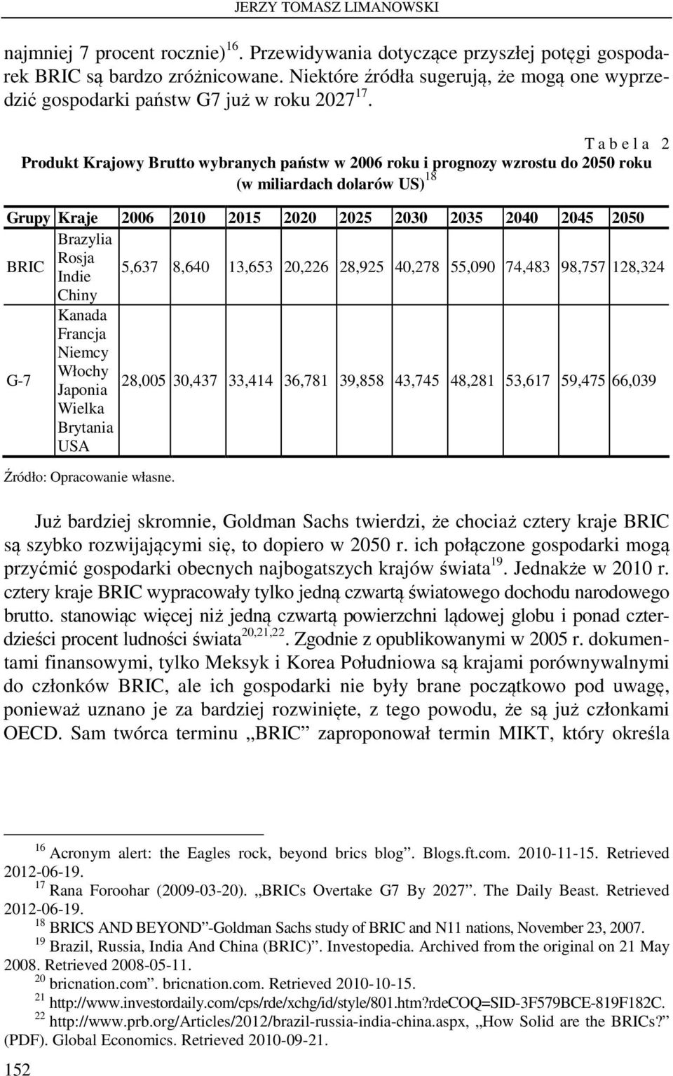 T a b e l a 2 Produkt Krajowy Brutto wybranych państw w 2006 roku i prognozy wzrostu do 2050 roku (w miliardach dolarów US) 18 Grupy Kraje 2006 2010 2015 2020 2025 2030 2035 2040 2045 2050 Brazylia