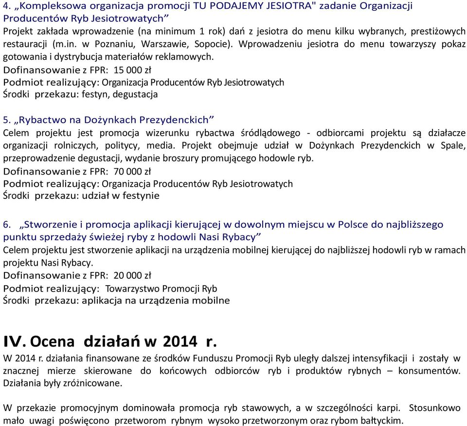 Dofinansowanie z FPR: 15 000 zł Podmiot realizujący: Organizacja Producentów Ryb Jesiotrowatych Środki przekazu: festyn, degustacja 5.