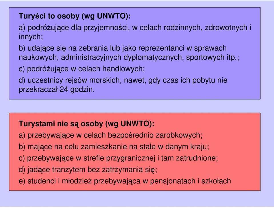 ; c) podróżujące w celach handlowych; d) uczestnicy rejsów morskich, nawet, gdy czas ich pobytu nie przekraczał 24 godzin.