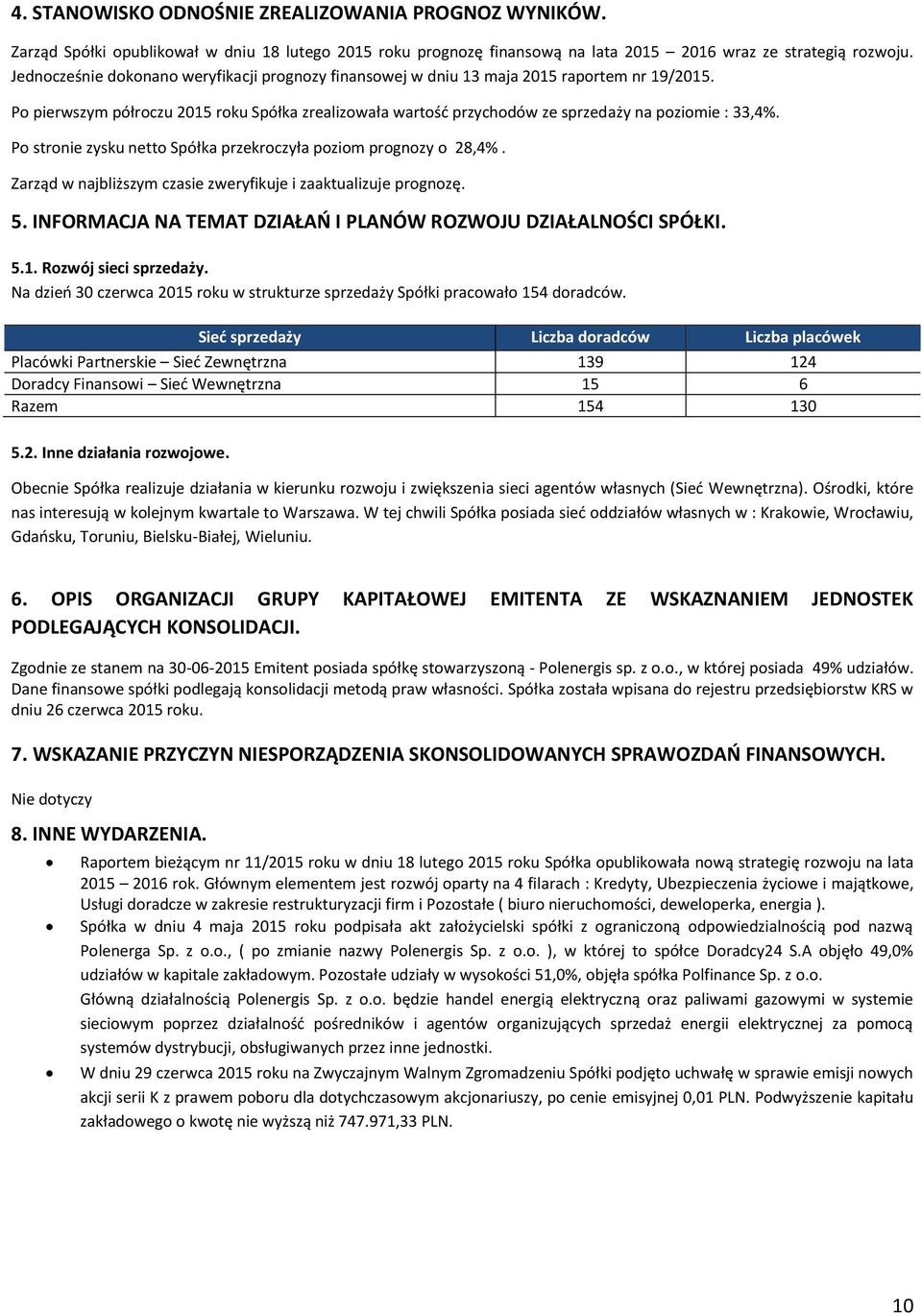 Po stronie zysku netto Spółka przekroczyła poziom prognozy o 28,4%. Zarząd w najbliższym czasie zweryfikuje i zaaktualizuje prognozę. 5.