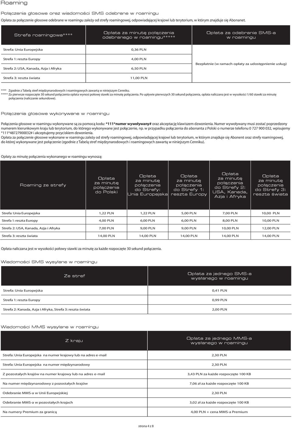 Strefa roamingowa**** odebranego w roamingu***** za odebranie SMS-a w roamingu Strefa: Unia Europejska 0,36 PLN Strefa 1: reszta Europy Strefa 2: USA, Kanada, Azja i Afryka 4,00 PLN 6,50 PLN (w