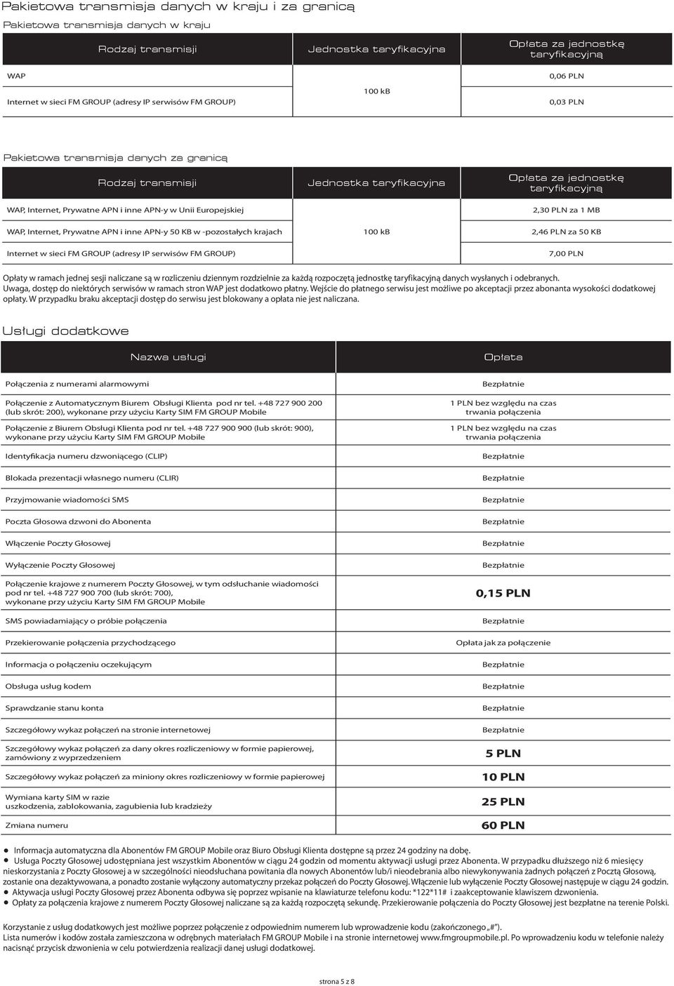 taryfikacyjną 2,30 PLN za 1 MB WAP, Internet, Prywatne APN i inne APN-y 50 KB w -pozostałych krajach 100 kb 2,46 PLN za 50 KB Internet w sieci FM GROUP (adresy IP serwisów FM GROUP) 7,00 PLN Opłaty w