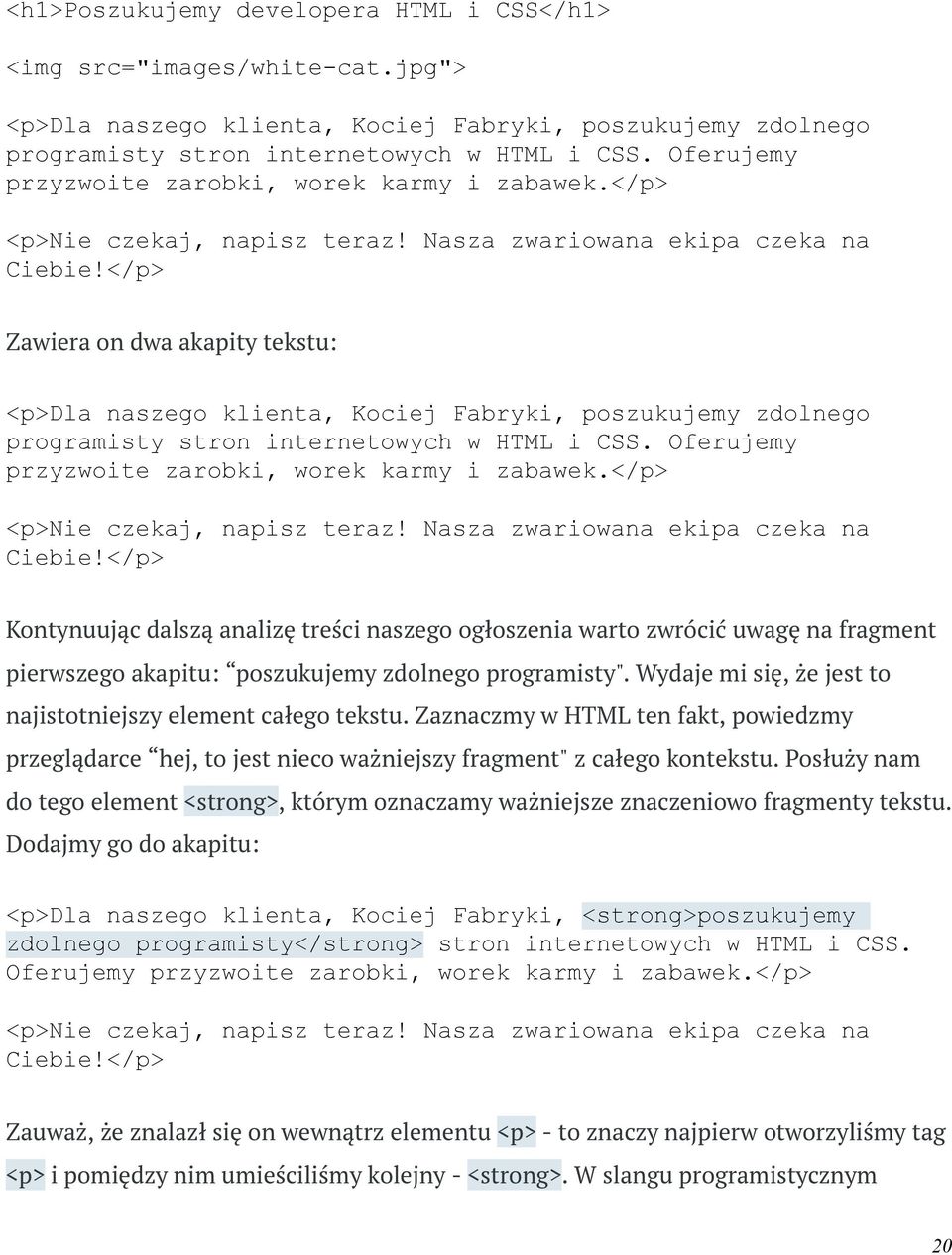 </p> Zawiera on dwa akapity tekstu: <p>dla naszego klienta, Kociej Fabryki, poszukujemy zdolnego programisty stron internetowych w HTML i CSS.