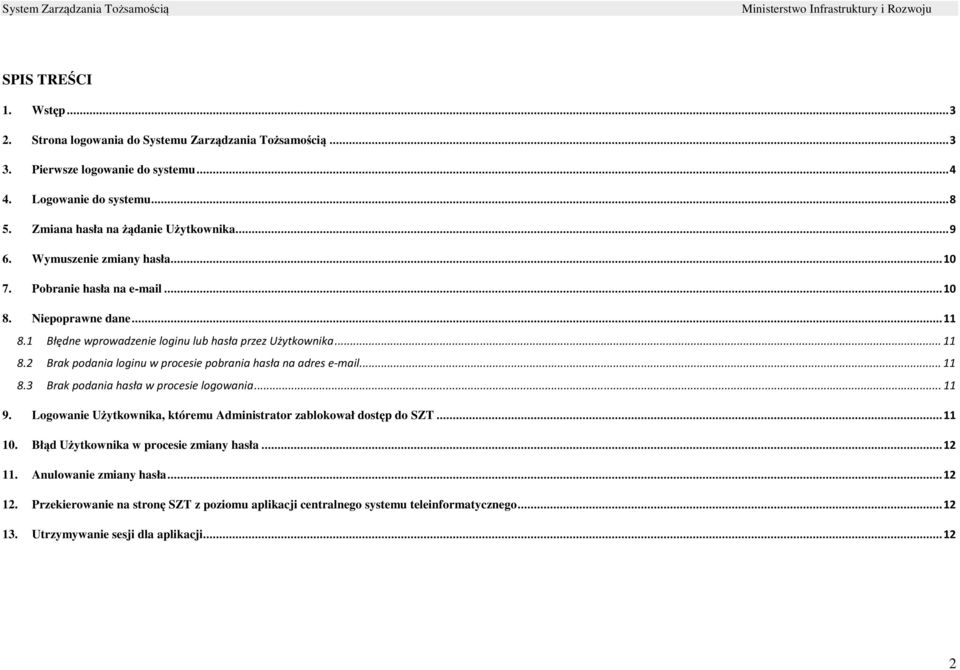 ... 11 8.3 Brak podania hasła w procesie logowania... 11 9. Logowanie Użytkownika, któremu Administrator zablokował dostęp do SZT... 11 10. Błąd Użytkownika w procesie zmiany hasła... 12 11.