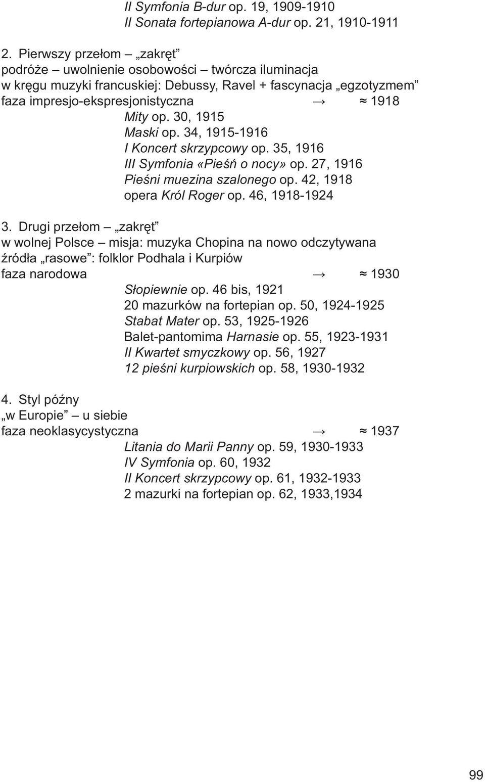 30, 1915 Maski op. 34, 1915-1916 I Koncert skrzypcowy op. 35, 1916 III Symfonia «Pieśń o nocy» op. 27, 1916 Pieśni muezina szalonego op. 42, 1918 opera Król Roger op. 46, 1918-1924 3.