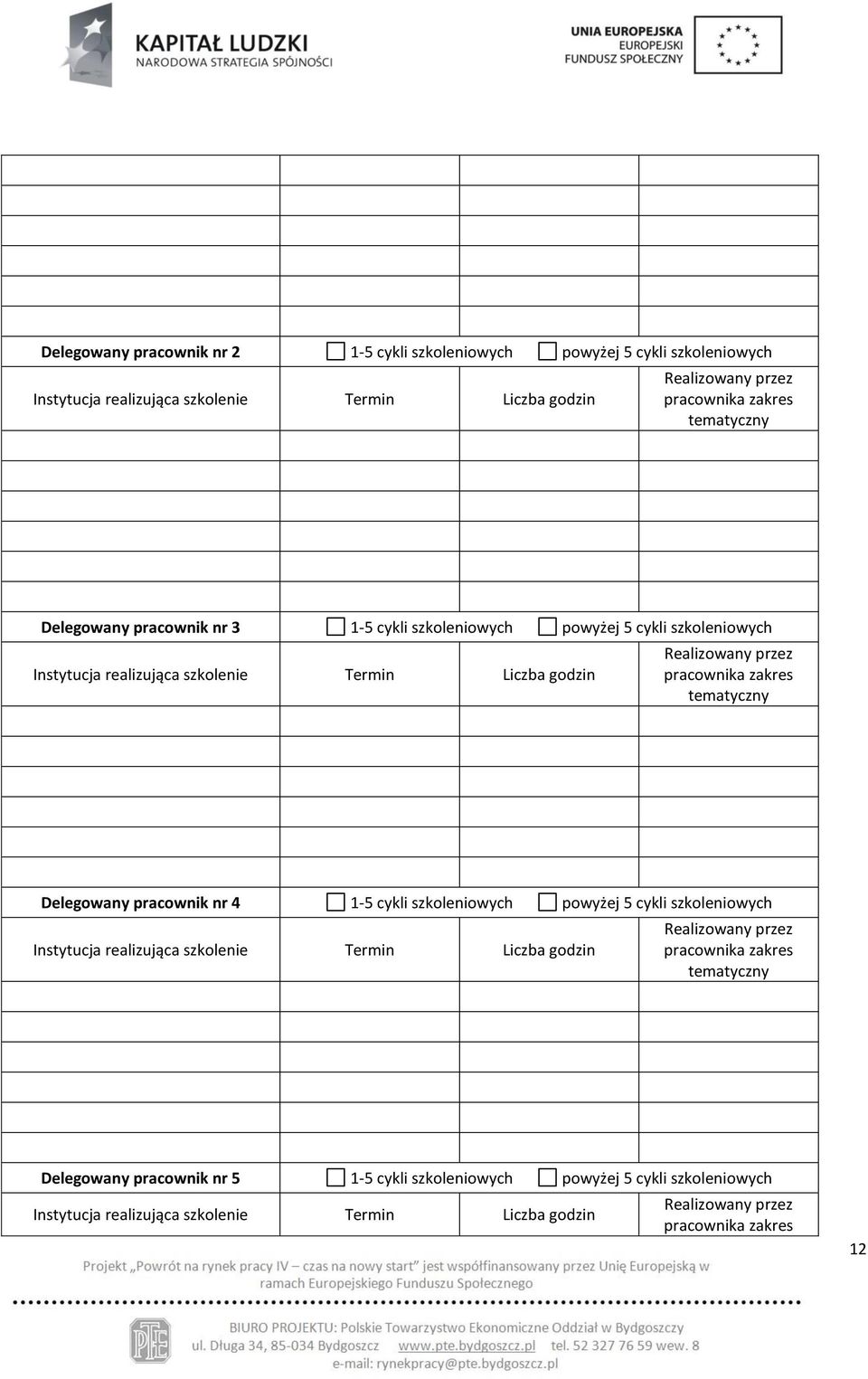 zakres tematyczny Delegowany pracownik nr 4 1-5 cykli szkoleniowych powyżej 5 cykli szkoleniowych Instytucja realizująca szkolenie Termin Liczba godzin Realizowany przez