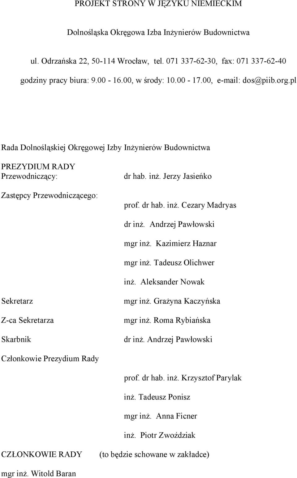 dr hab. inż. Cezary Madryas dr inż. Andrzej Pawłowski mgr inż. Kazimierz Haznar mgr inż. Tadeusz Olichwer inż. Aleksander Nowak Sekretarz Z-ca Sekretarza Skarbnik mgr inż. Grażyna Kaczyńska mgr inż.