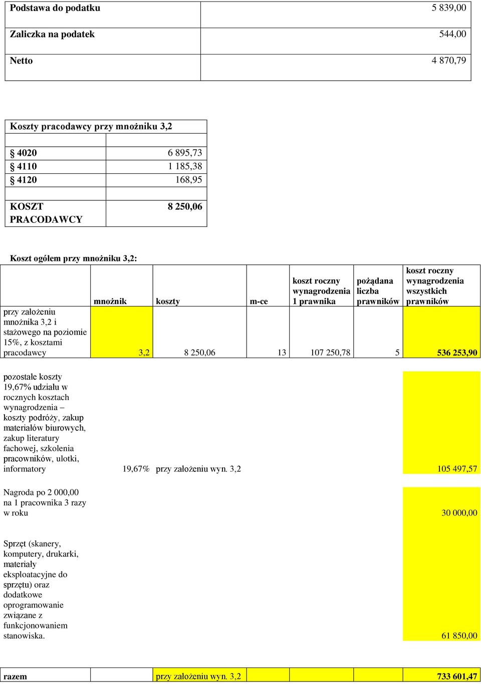 kosztami pracodawcy 3,2 8 250,06 13 107 250,78 5 536 253,90 pozostałe koszty 19,67% udziału w rocznych kosztach wynagrodzenia koszty podróży, zakup materiałów biurowych, zakup literatury fachowej,