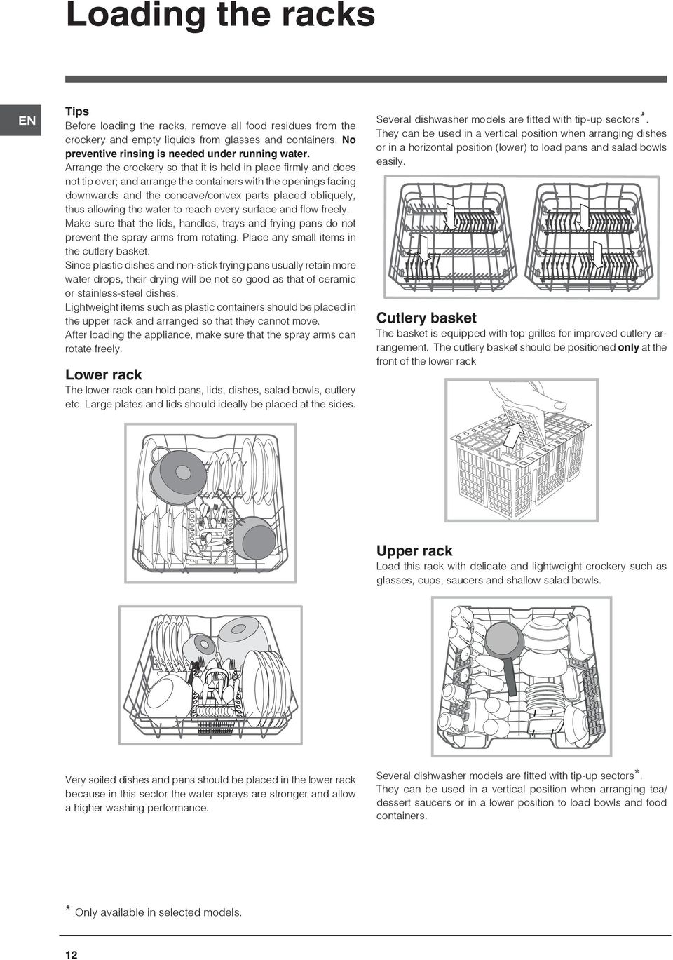allowing the water to reach every surface and flow freely. Make sure that the lids, handles, trays and frying pans do not prevent the spray arms from rotating.