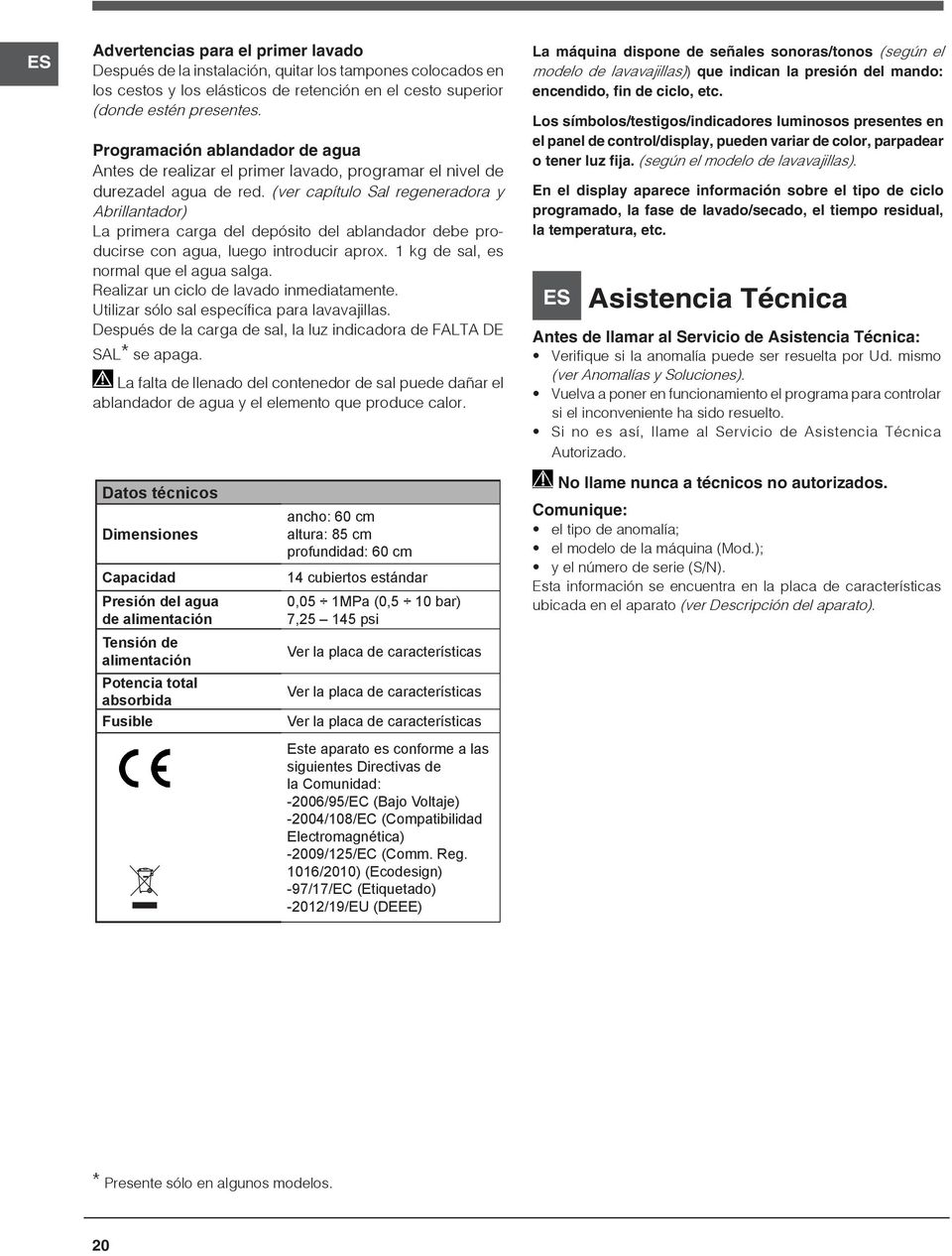 (ver capítulo Sal regeneradora y Abrillantador) La primera carga del depósito del ablandador debe producirse con agua, luego introducir aprox. 1 kg de sal, es normal que el agua salga.