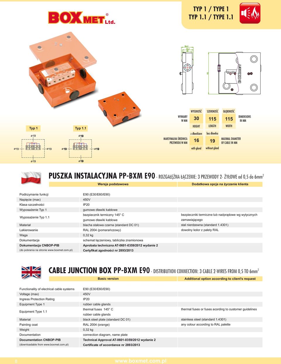 1 (do pobrania na stronie ) IP0 RAL 004 (pomarańczowy) 0,3 kg Aprobata techniczna AT-0601-0359/01 wydanie Certyfikat zgodności nr 93/013 CABLE