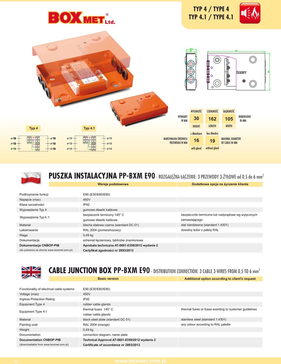 1 (do pobrania na stronie ) IP4 RAL 004 (pomarańczowy) 0,49 kg Aprobata techniczna AT-0601-0359/01 wydanie Certyfikat zgodności nr 93/013 CABLE