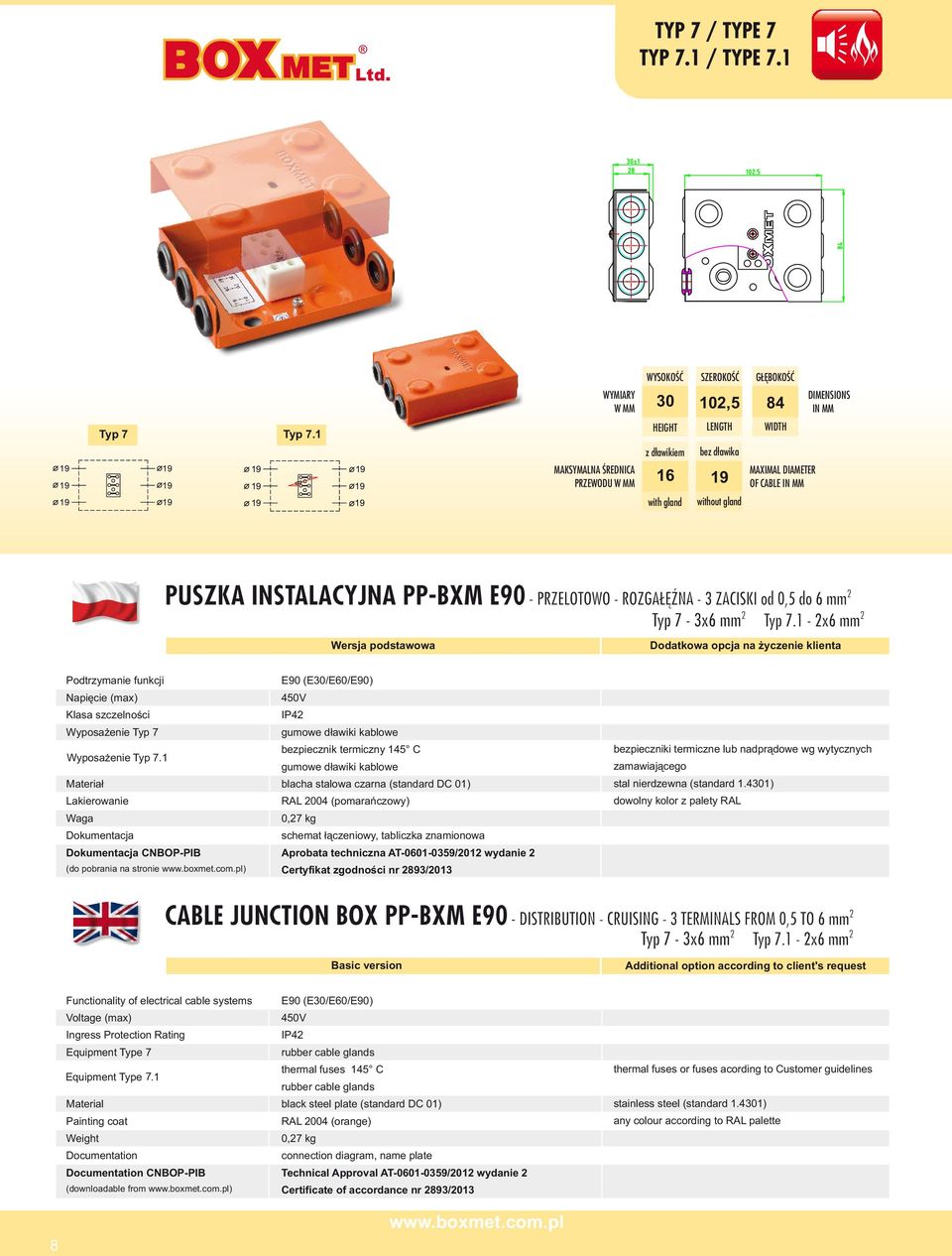 1 (do pobrania na stronie ) IP4 RAL 004 (pomarańczowy) 0,7 kg Aprobata techniczna AT-0601-0359/01 wydanie Certyfikat zgodności nr 93/013 CABLE JUNCTION BOX PP-BXM E90 -
