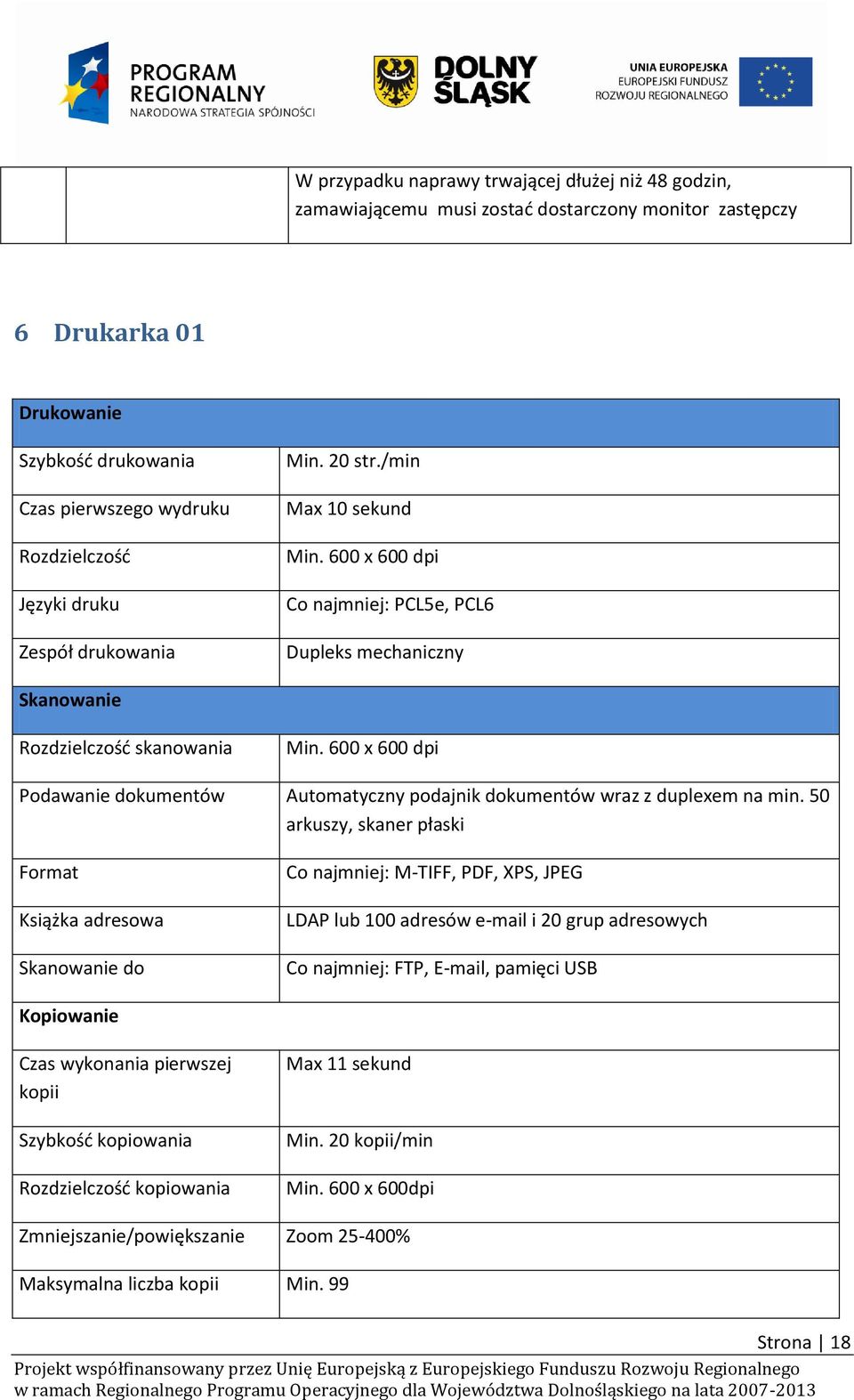 600 x 600 dpi Podawanie dokumentów Automatyczny podajnik dokumentów wraz z duplexem na min.