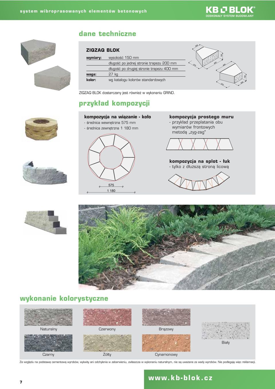 przykład kompozycji kompozycja na wiązanie - koło - średnica wewnętrzna 575 mm - średnica zewnętrzna 1 180 mm kompozycja prostego muru - przykład przeplatania obu wymiarów frontowych metodą zyg-zag"