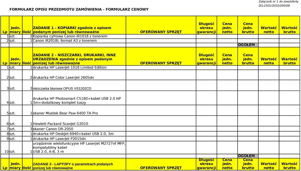 1 drukarka HP LaserJet 1018 Limited Edition 2 szt. 2 drukarka HP Color LaserJet 2605dn 3 szt. 3 niszczarka biurowa OPUS VS1202CD drukarka HP Photosmart C5180+kabel USB 2.0 HP 4 szt.