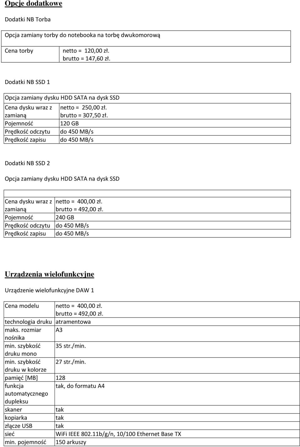 Pojemność 120 GB Prędkość odczytu do 450 MB/s Prędkość zapisu do 450 MB/s Dodatki NB SSD 2 Opcja zamiany dysku HDD SATA na dysk SSD Cena dysku wraz z netto = 400,00 zł. zamianą brutto = 492,00 zł.