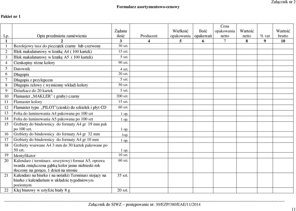 8 Długopis żelowy ( wymienny wkład) kolory 50 szt. 9 Dziurkacz do 20 kartek 5 szt. 10 Flamaster MAKLER ( gruby) czarny 200 szt. 11 Flamaster kolory 15 szt.