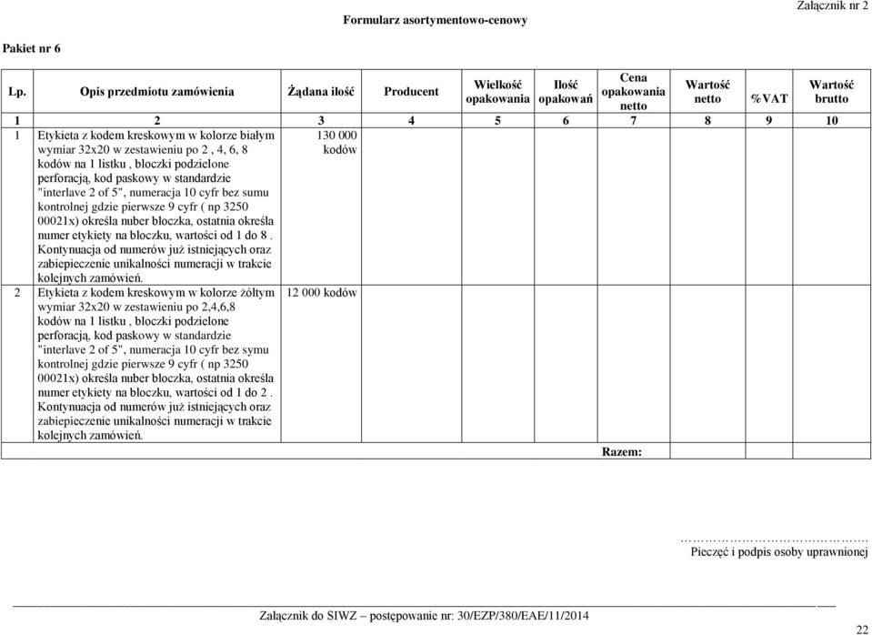 paskowy w standardzie "interlave 2 of 5", numeracja 10 cyfr bez sumu kontrolnej gdzie pierwsze 9 cyfr ( np 3250 00021x) określa nuber bloczka, ostatnia określa numer etykiety na bloczku, wartości od