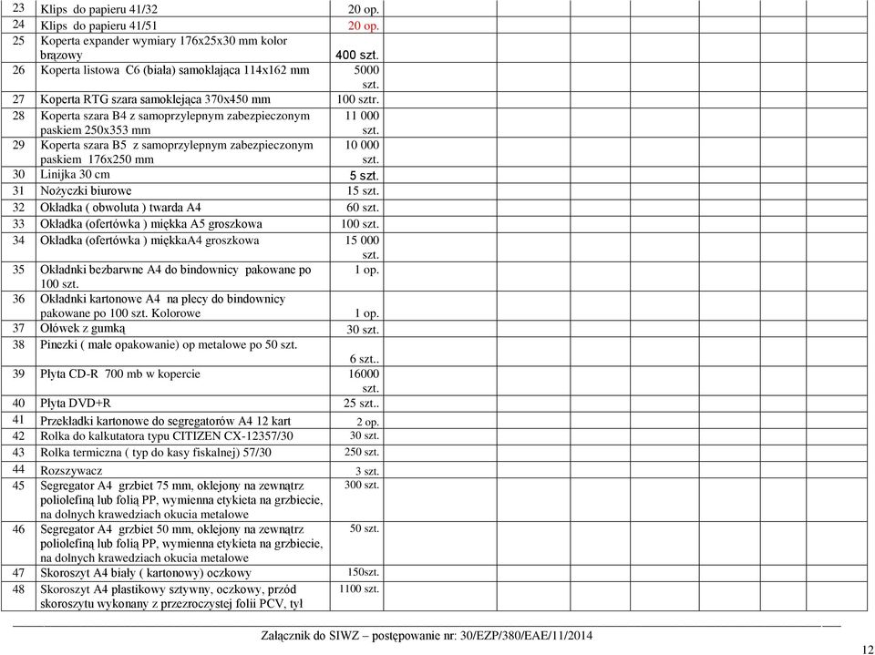 29 Koperta szara B5 z samoprzylepnym zabezpieczonym 10 000 paskiem 176x250 mm szt. 30 Linijka 30 cm 5 szt. 31 Nożyczki biurowe 15 szt. 32 Okładka ( obwoluta ) twarda A4 60 szt.