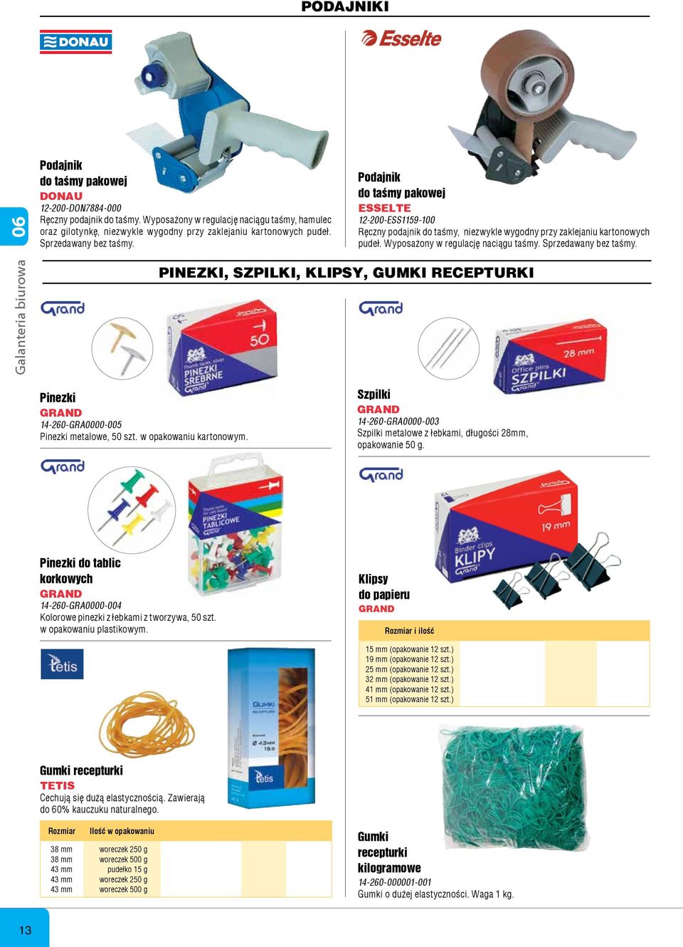 Sprzedawany bez taœmy. Galanteria biurowa PINEZKI, SZPILKI, KLIPSY, GUMKI RECEPTURKI Pinezki GRAND 4-60-GRA0000-005 Pinezki metalowe, 50 szt. w opakowaniu kar to no wym.