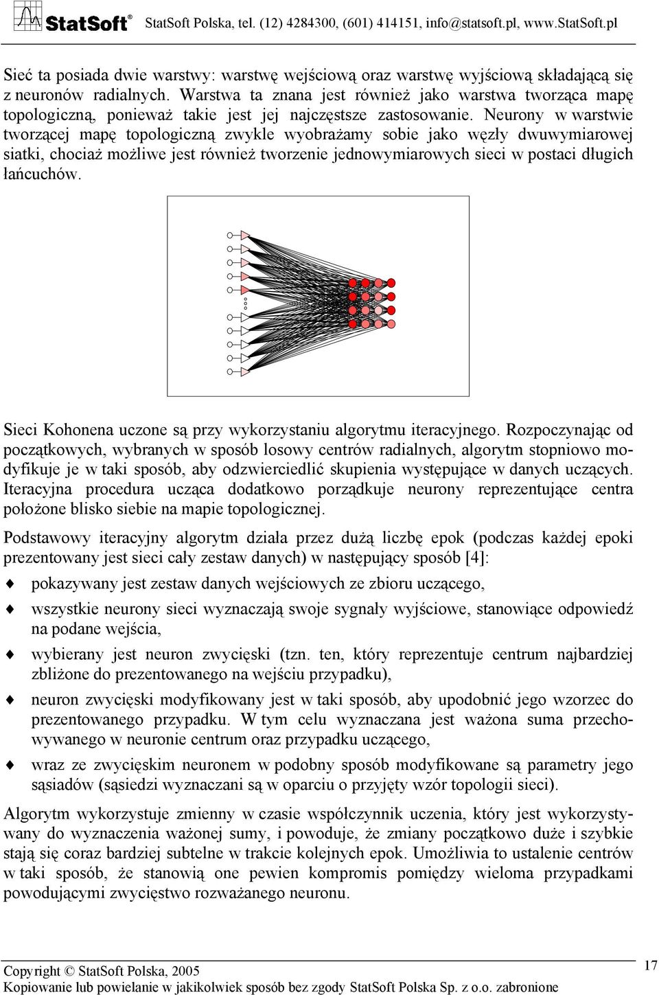 Neurony w warstwie tworzącej mapę topologiczną zwykle wyobrażamy sobie jako węzły dwuwymiarowej siatki, chociaż możliwe jest również tworzenie jednowymiarowych sieci w postaci długich łańcuchów.