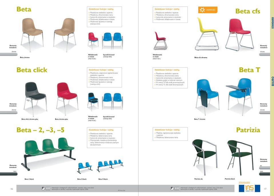 ) łącznik krzeseł (wersja click) Składowanie w stosie (max 6 szt.) Beta cfs Beta click Plastikowe, częściowo tapicerowane siedzisko Metalowa, chromowana rama. Możliwość składowania w stosie.