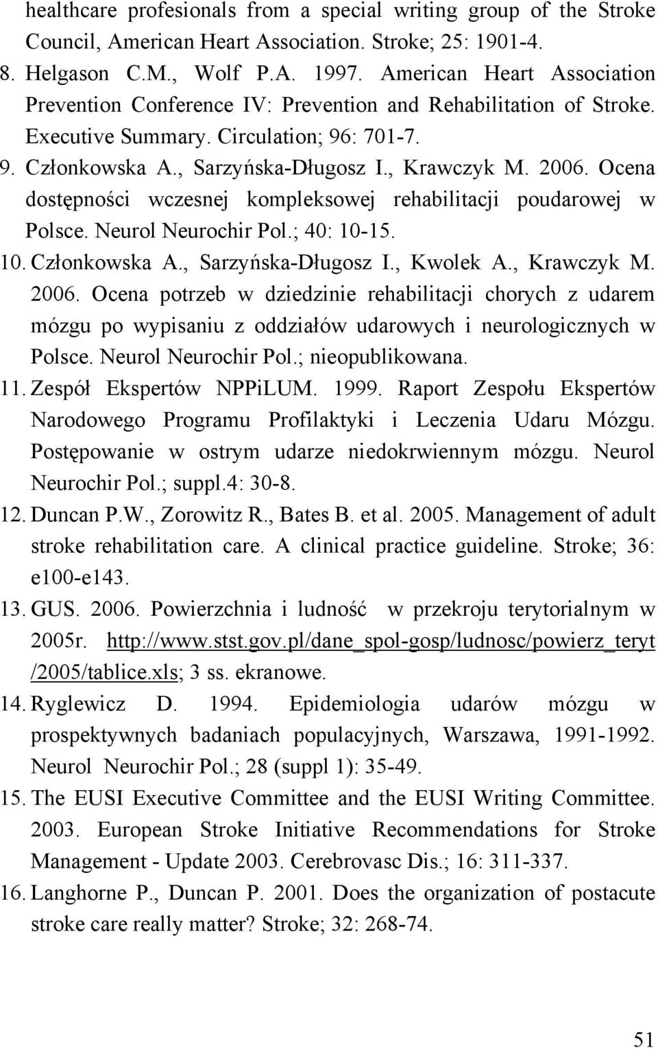 Ocena dostępności wczesnej kompleksowej rehabilitacji poudarowej w Polsce. Neurol Neurochir Pol.; 40: 10-15. 10. Członkowska A., Sarzyńska-Długosz I., Kwolek A., Krawczyk M. 2006.