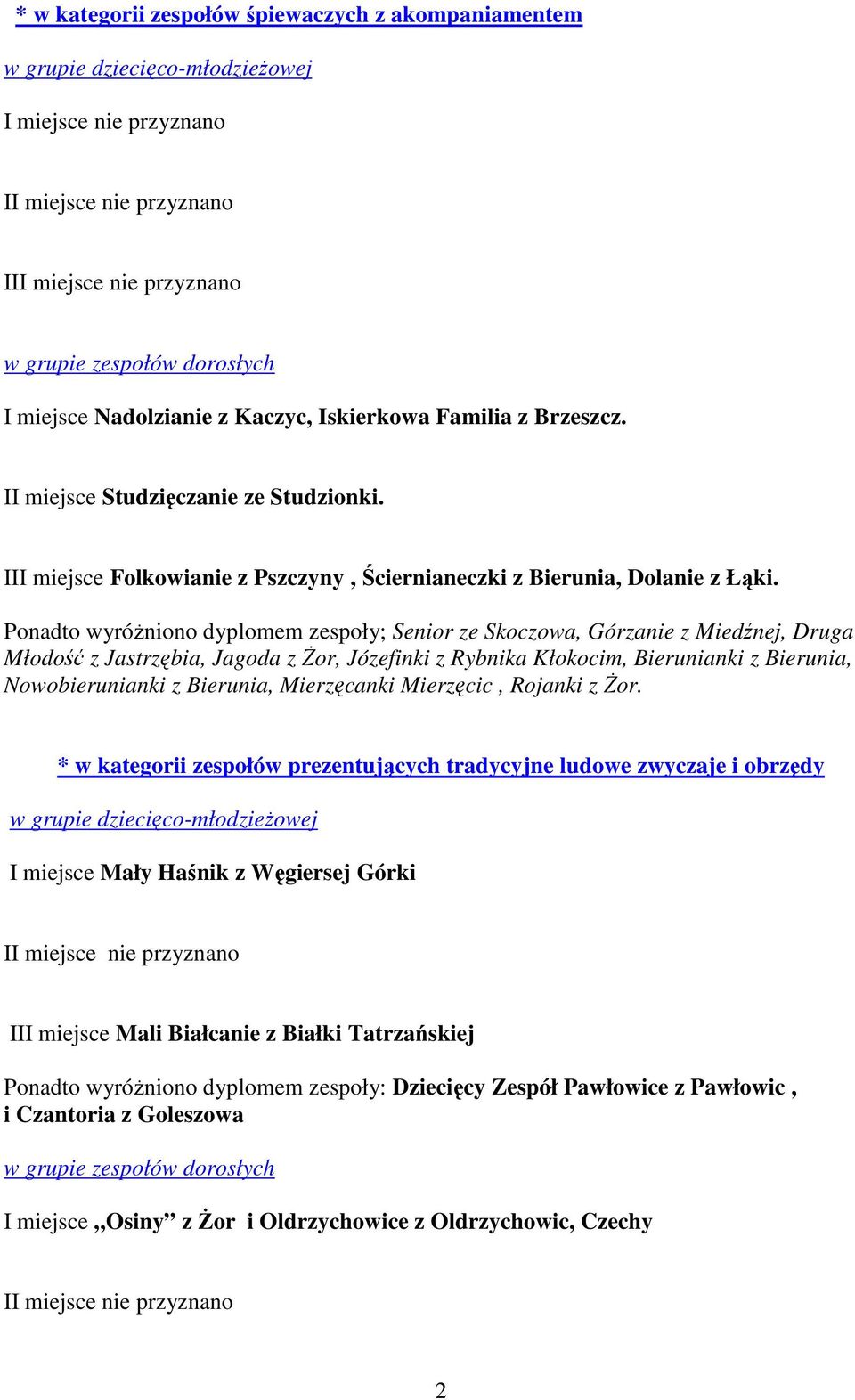 Ponadto wyróŝniono dyplomem zespoły; Senior ze Skoczowa, Górzanie z Miedźnej, Druga Młodość z Jastrzębia, Jagoda z śor, Józefinki z Rybnika Kłokocim, Bierunianki z Bierunia, Nowobierunianki z