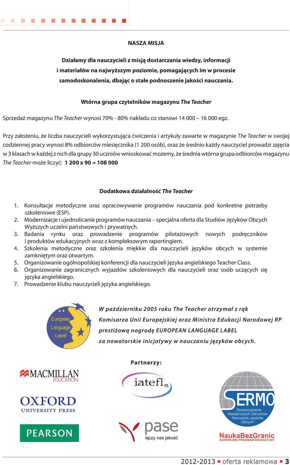 Przy założeniu, że liczba nauczycieli wykorzystująca ćwiczenia i artykuły zawarte w magazynie The Teacher w swojej codziennej pracy wynosi 8% odbiorców miesięcznika (1 200 osób), oraz że średnio