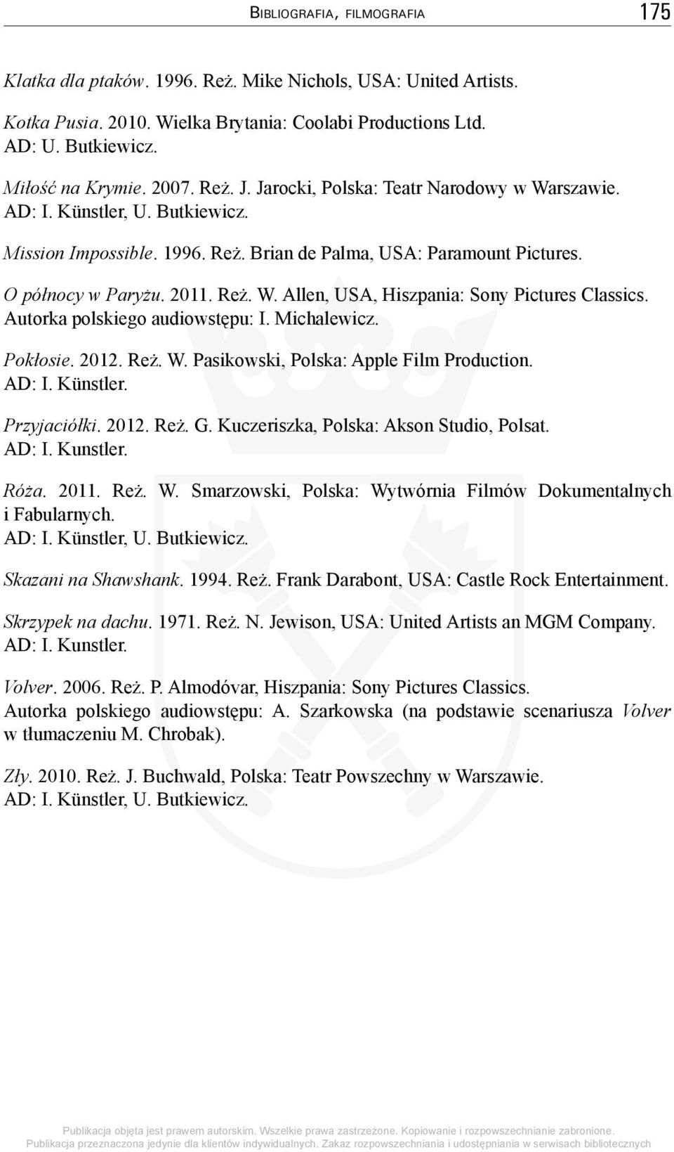 Autorka polskiego audiowstępu: I. Michalewicz. Pokłosie. 2012. Reż. W. Pasikowski, Polska: Apple Film Production. AD: I. Künstler. Przyjaciółki. 2012. Reż. G.