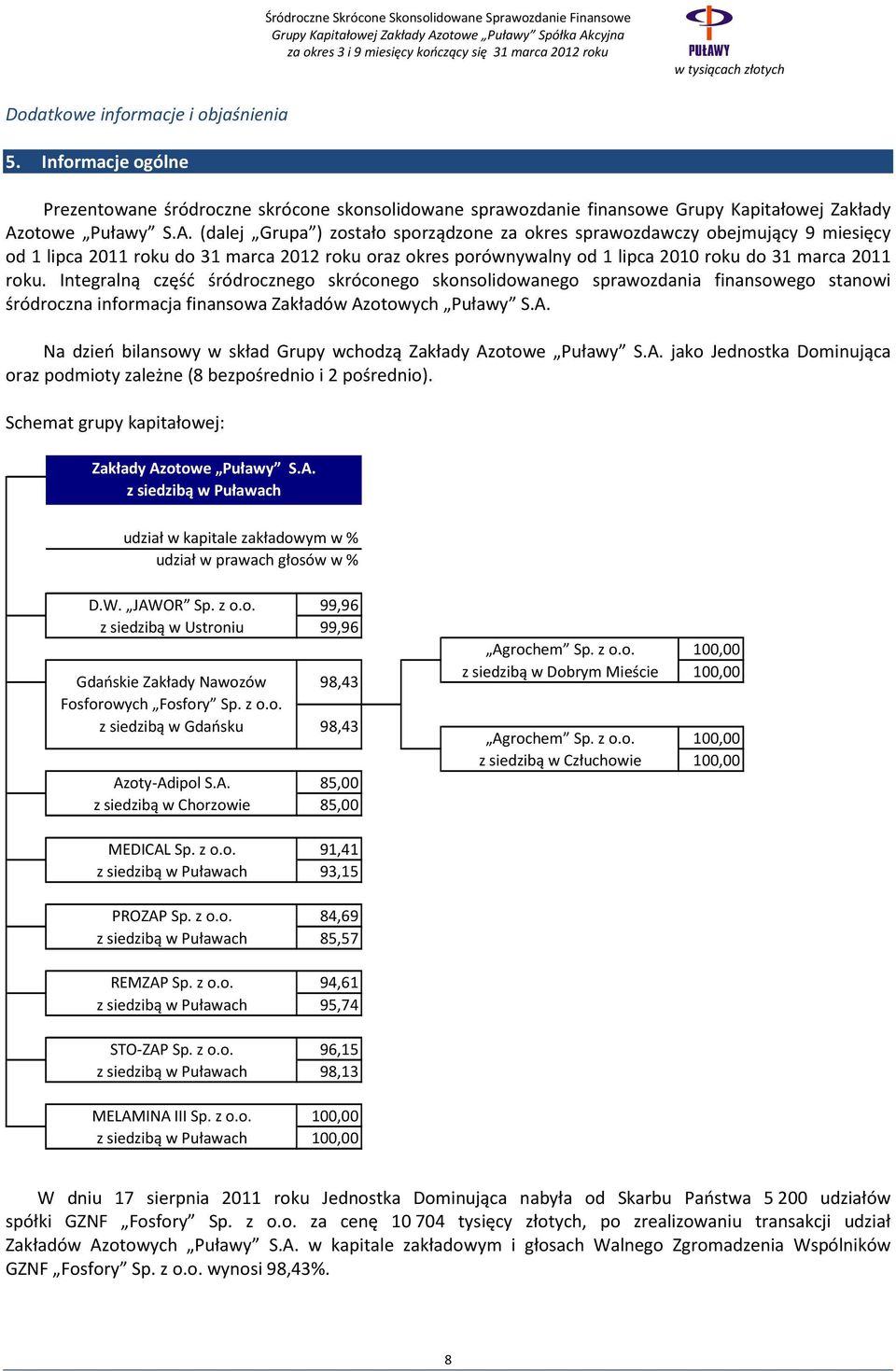 (dalej Grupa ) zostało sporządzone za okres sprawozdawczy obejmujący 9 miesięcy od 1 lipca 2011 roku do 31 marca 2012 roku oraz okres porównywalny od 1 lipca 2010 roku do 31 marca 2011 roku.