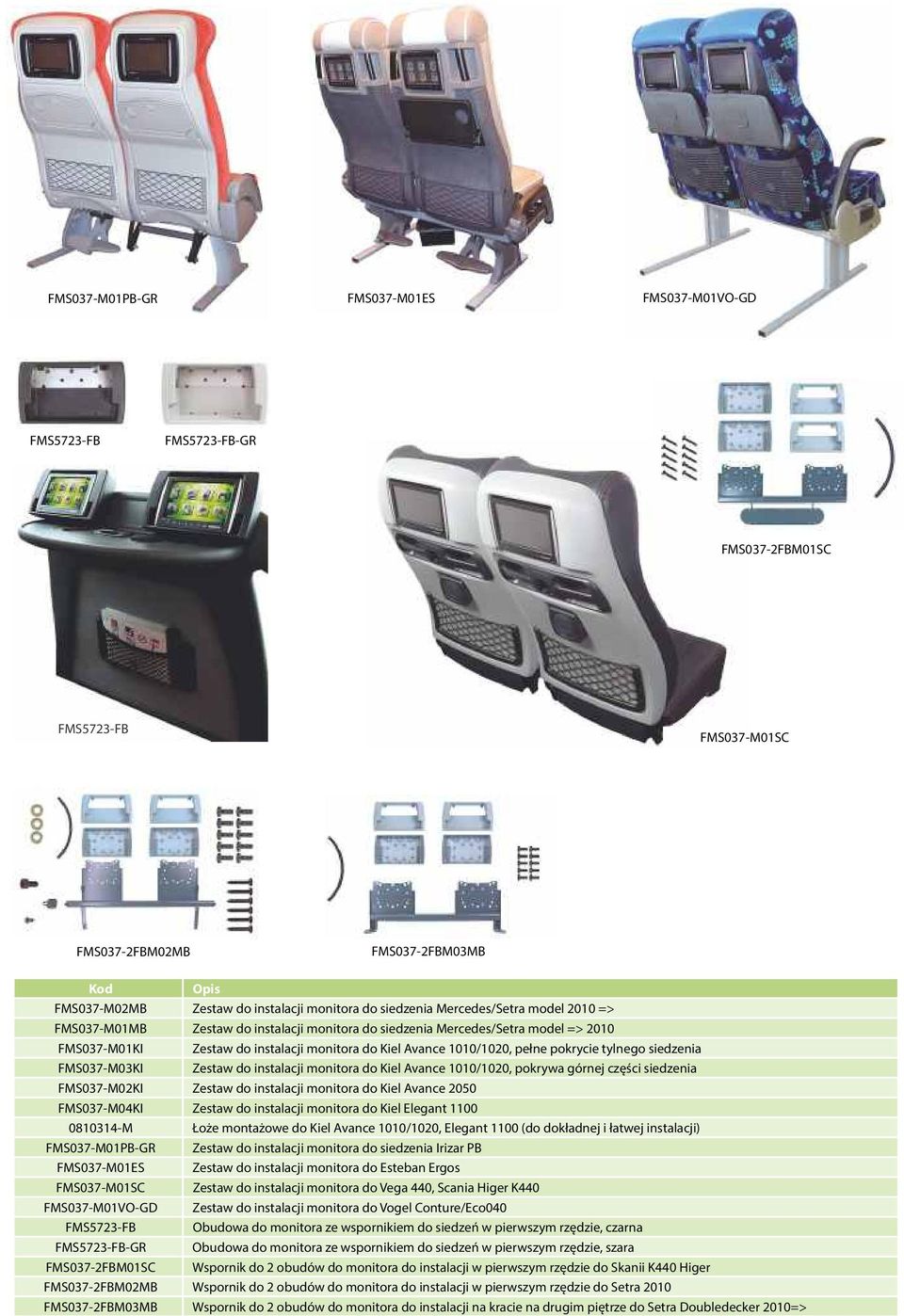 tylnego siedzenia FMS037-M03KI Zestaw do instalacji monitora do Kiel Avance 1010/1020, pokrywa górnej części siedzenia FMS037-M02KI Zestaw do instalacji monitora do Kiel Avance 2050 FMS037-M04KI