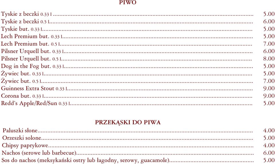 00 Guinness Extra Stout 0.33 l... 9.00 Corona but. 0.33 l... 9.00 Redd s Apple/Red/Sun 0.33 l... 5.00 PRZEKĄSKI DO PIWA Paluszki słone... 4.