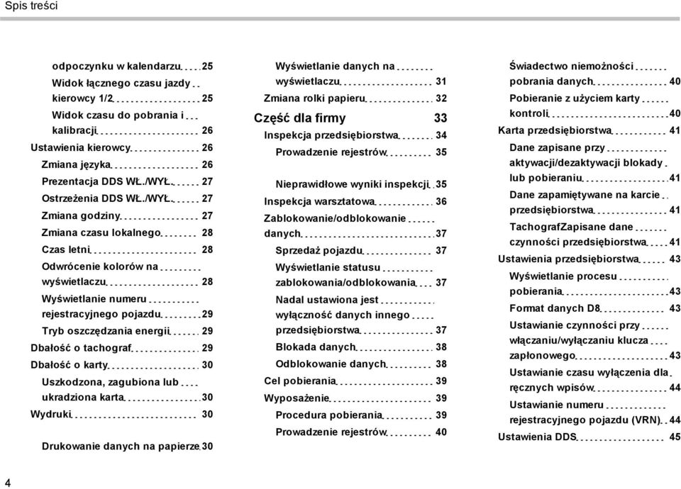 27 Zmiana godziny 27 Zmiana czasu lokalnego 28 Czas letni 28 Odwrócenie kolorów na wyświetlaczu 28 Wyświetlanie numeru rejestracyjnego pojazdu 29 Tryb oszczędzania energii 29 Dbałość o tachograf 29