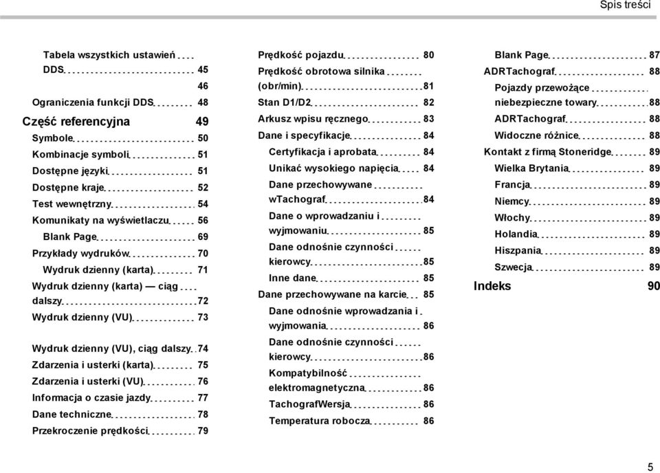 (karta) 75 Zdarzenia i usterki (VU) 76 Informacja o czasie jazdy 77 Dane techniczne 78 Przekroczenie prędkości 79 Prędkość pojazdu 80 Prędkość obrotowa silnika (obr/min) 81 Stan D1/D2 82 Arkusz wpisu