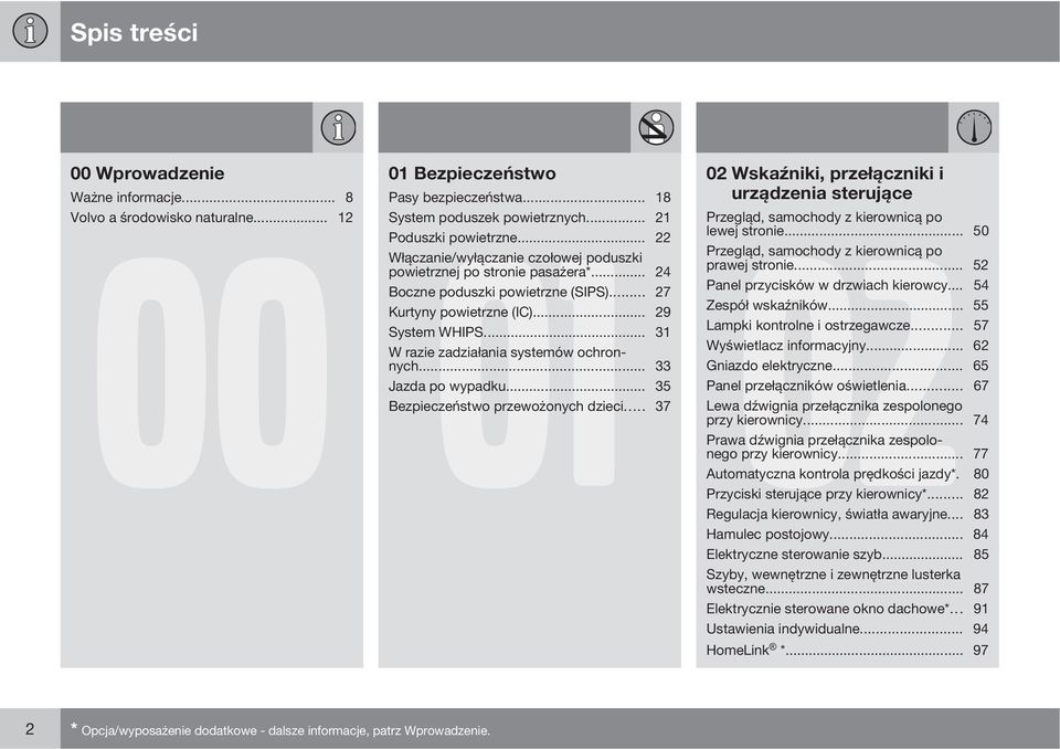 .. 50 Włączanie/wyłączanie czołowej poduszki Przegląd, samochody z kierownicą po powietrznej po stronie pasażera*... 24 prawej stronie... 52 Boczne poduszki powietrzne (SIPS).