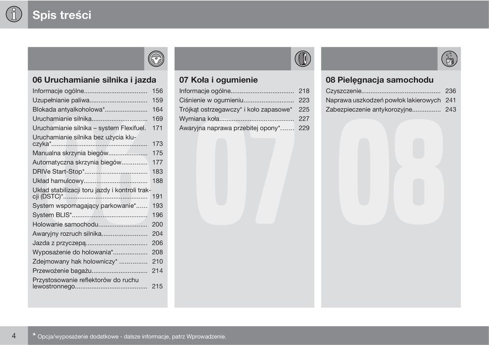 .. 188 Układ stabilizacji toru jazdy i kontroli trakcji (DSTC)*... 191 System wspomagający parkowanie*... 193 System BLIS*... 196 Holowanie samochodu... 200 Awaryjny rozruch silnika.