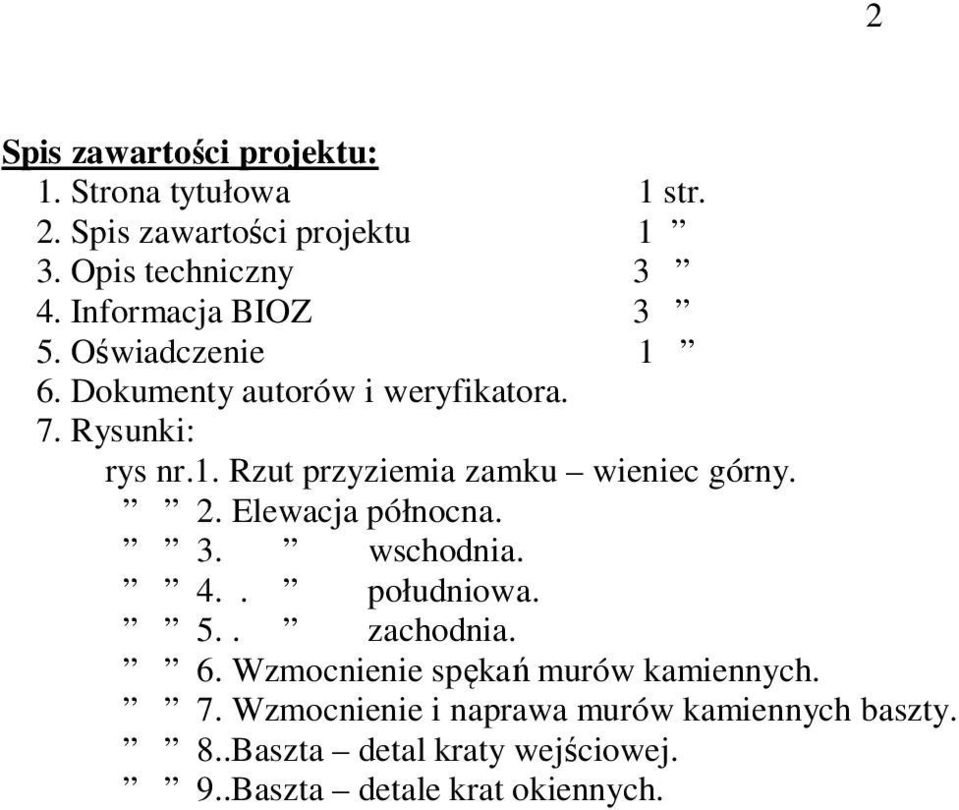 2. Elewacja północna. 3. wschodnia. 4.. południowa. 5.. zachodnia. 6. Wzmocnienie spękań murów kamiennych. 7.