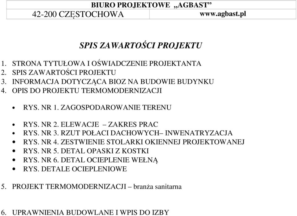 ELEWACJE ZAKRES PRAC RYS. NR 3. RZUT POŁACI DACHOWYCH INWENATRYZACJA RYS. NR 4. ZESTWIENIE STOLARKI OKIENNEJ PROJEKTOWANEJ RYS. NR 5.