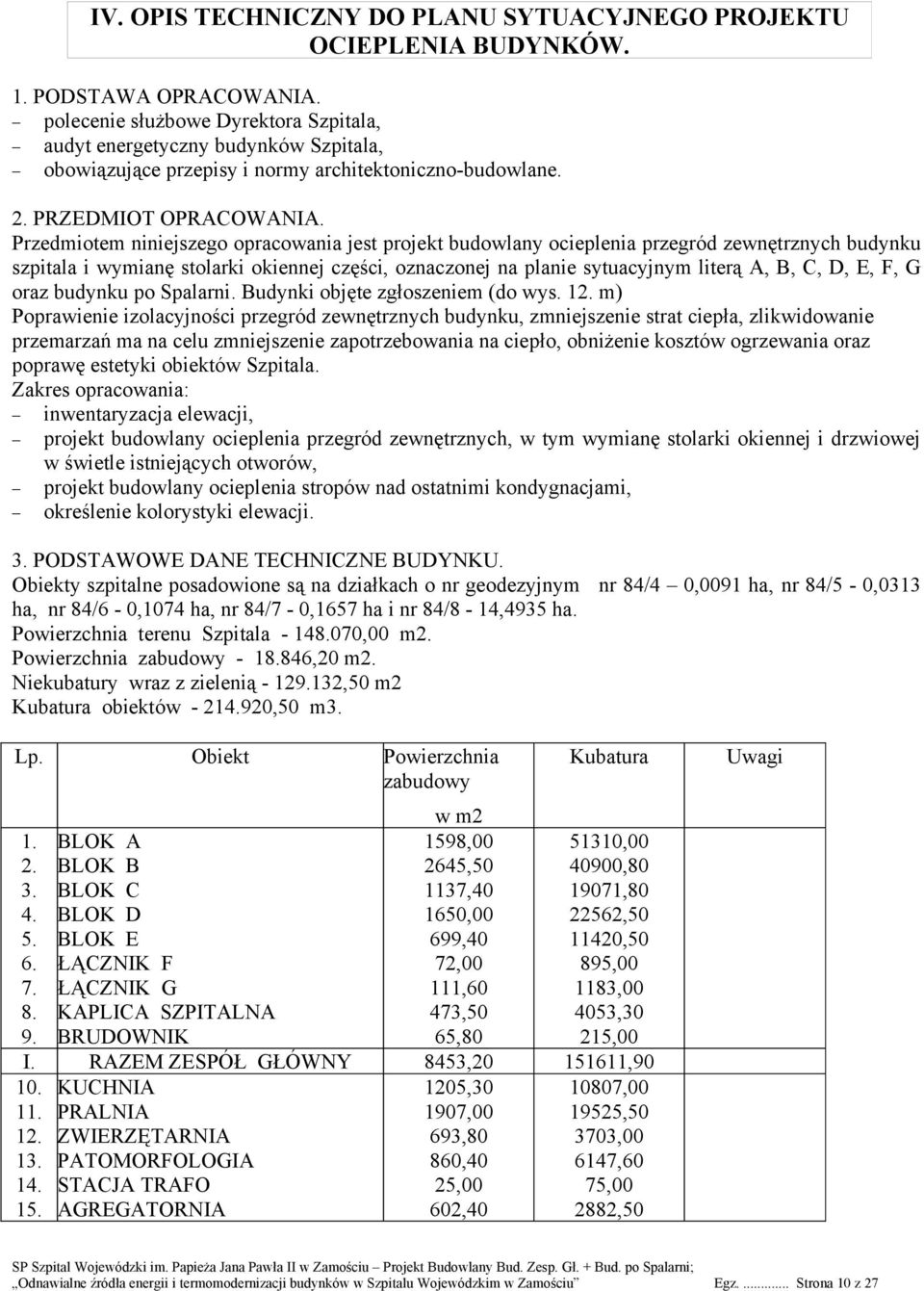 Przedmiotem niniejszego opracowania jest projekt budowlany ocieplenia przegród zewnętrznych budynku szpitala i wymianę stolarki okiennej części, oznaczonej na planie sytuacyjnym literą A, B, C, D, E,