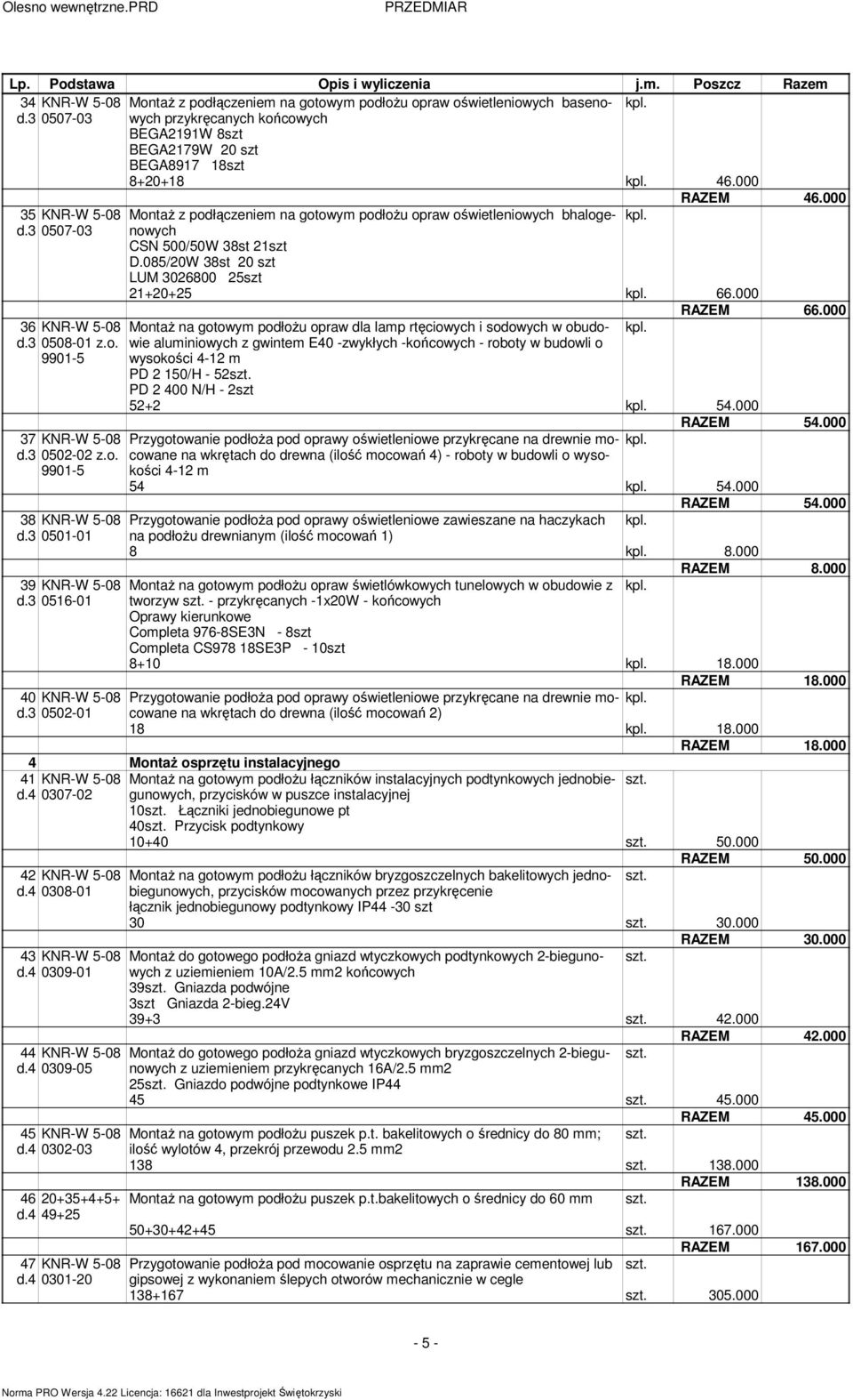 3 0501-01 39 KNR-W 5-08 d.3 0516-01 40 KNR-W 5-08 d.3 0502-01 MontaŜ z podłączenie na gotowy podłoŝu opraw oświetleniowych bhalogenowych CSN 500/50W 38st 21 D.085/20W 38st 20 LUM 3026800 25 RAZEM 46.