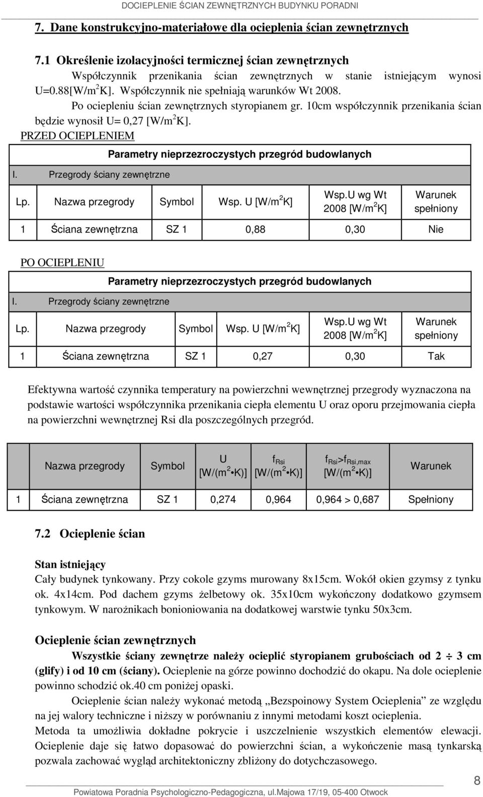 Po ociepleniu ścian zewnętrznych styropianem gr. 10cm współczynnik przenikania ścian będzie wynosił U= 0,27 [W/m 2 K]. PRZED OCIEPLENIEM I.