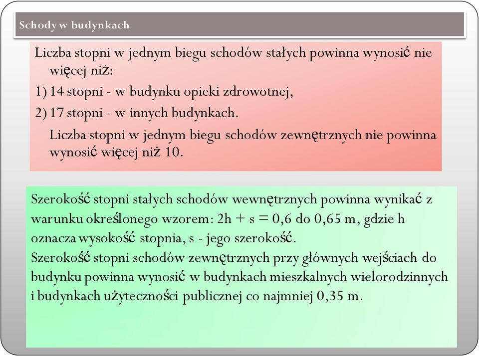 Szerokość stopni stałych schodów wewnętrznych powinna wynikać z warunku określonego wzorem: 2h + s = 0,6 do 0,65 m, gdzie h oznacza wysokość stopnia, s -