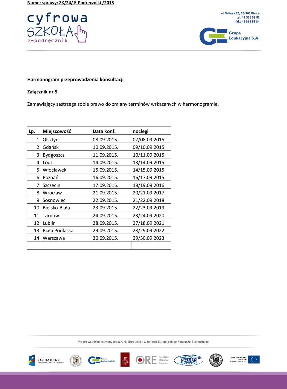 09.2015 6 Poznań 16.09.2015. 16/17.09.2015 7 Szczecin 17.09.2015. 18/19.09.2016 8 Wrocław 21.09.2015. 20/21.09.2017 9 Sosnowiec 22.09.2015. 21/22.09.2018 10 Bielsko-Biała 23.