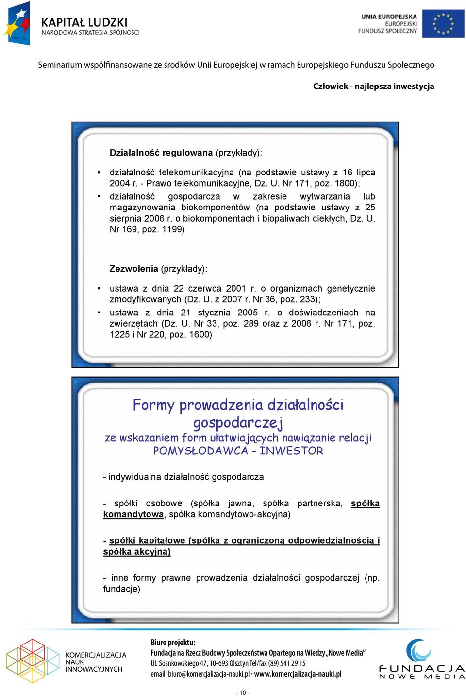 1199) Zezwolenia (przykłady): ustawa z dnia 22 czerwca 2001 r. o organizmach genetycznie zmodyfikowanych (Dz. U. z 2007 r. Nr 36, poz. 233); ustawa z dnia 21 stycznia 2005 r.