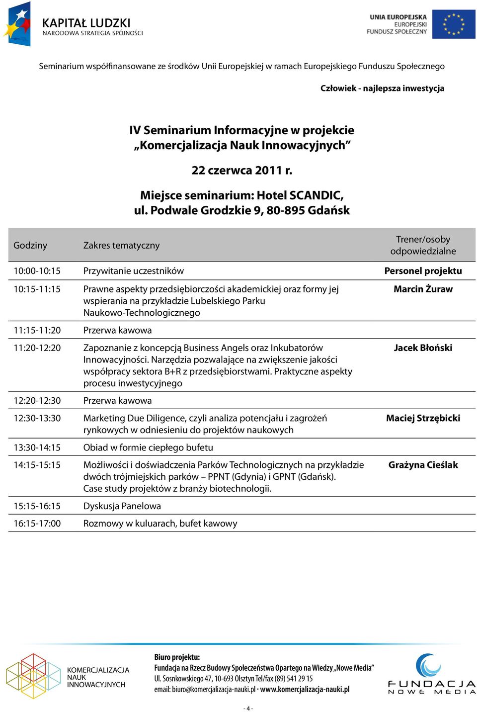 akademickiej oraz formy jej wspierania na przykładzie Lubelskiego Parku Naukowo-Technologicznego 11:15-11:20 Przerwa kawowa 11:20-12:20 Zapoznanie z koncepcją Business Angels oraz Inkubatorów