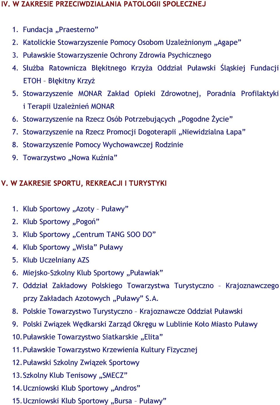 Stowarzyszenie na Rzecz Osób Potrzebujących Pogodne śycie 7. Stowarzyszenie na Rzecz Promocji Dogoterapii Niewidzialna Łapa 8. Stowarzyszenie Pomocy Wychowawczej Rodzinie 9. Towarzystwo Nowa Kuźnia V.